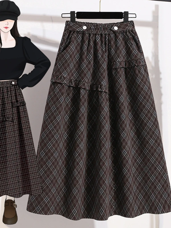 High-End Women's Thickened Woolen Skirt with Elastic Waist Autumn Winter Style A-Line Long Dress for plus Size Ladies