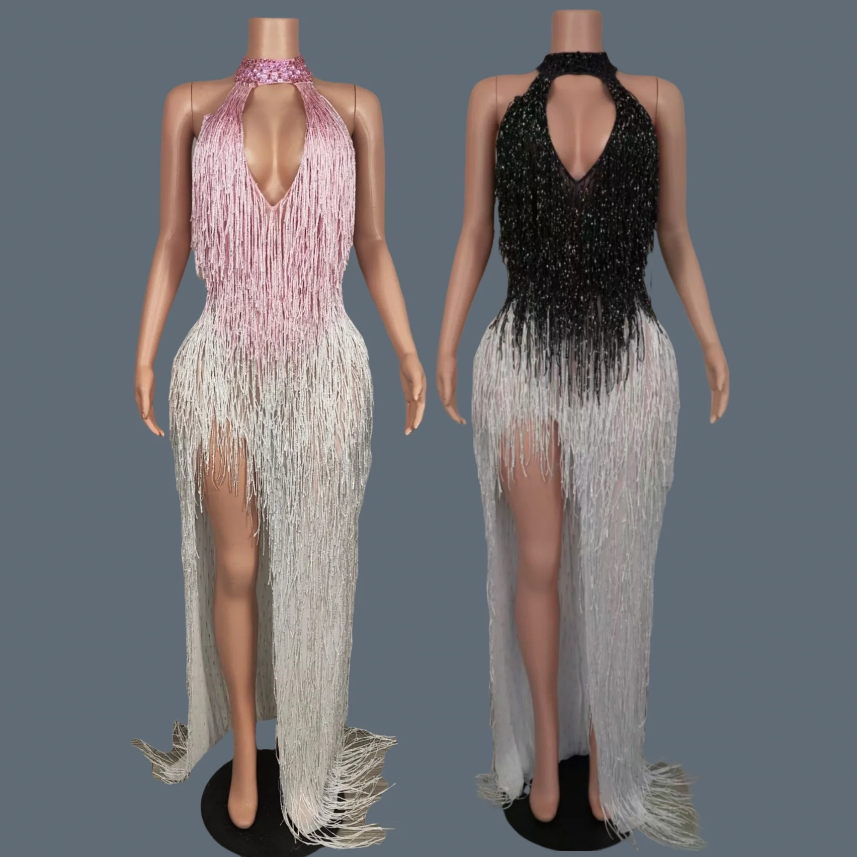 Designer Full Tassel V Neck Evening Gown Women Sexy Birthday Wedding Prom High Side Slits Dress Red Carpet Outfit Baixuegongzhu
