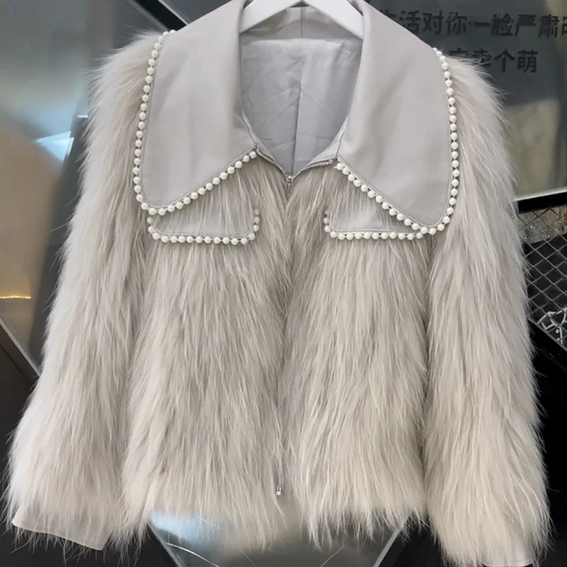 High Quality Top Fashion Pearl Glossy Fur Coat Women's Winter New Short Faux Raccoon Fur Coat Women Fluffy Femme Lady Outwear