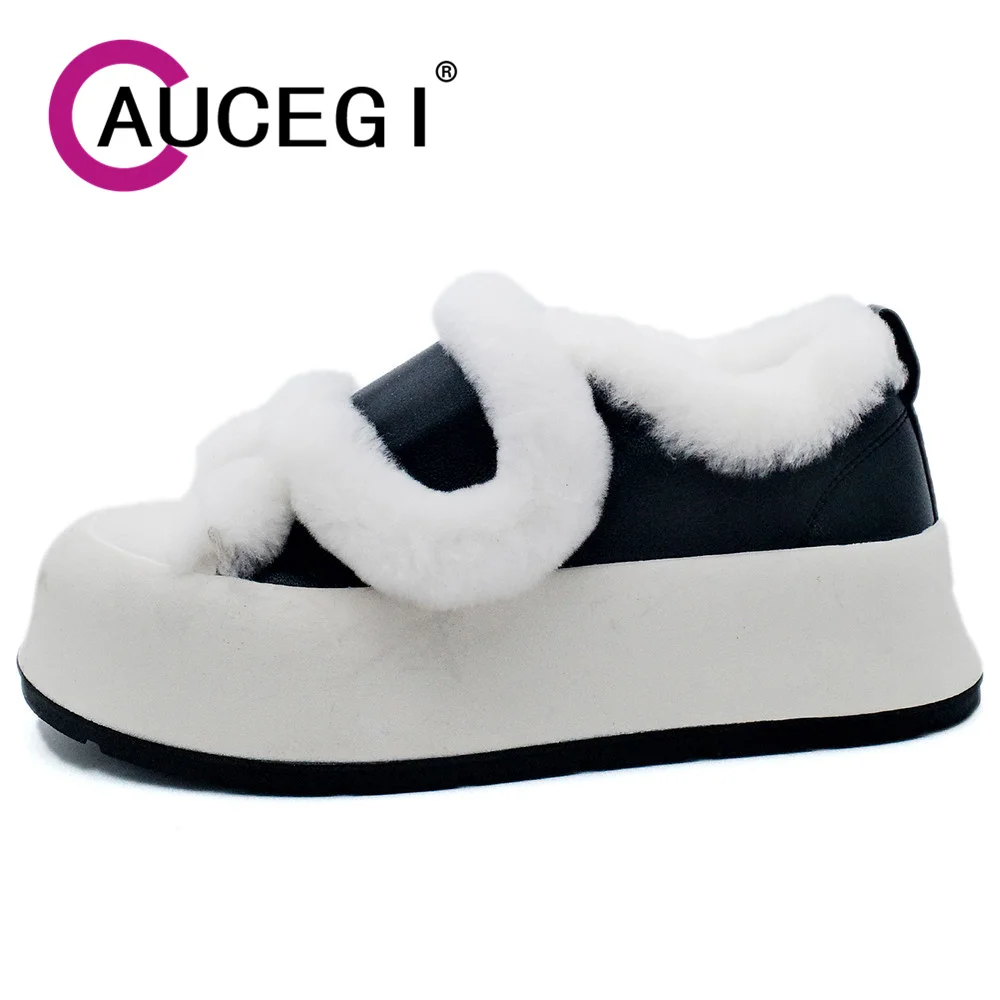 Aucegi 2024 New Women Warm Genuine Leather Fashion Round Toe Platform Thick Heel Ladies Elegant Autumn Winter Casual Footwear