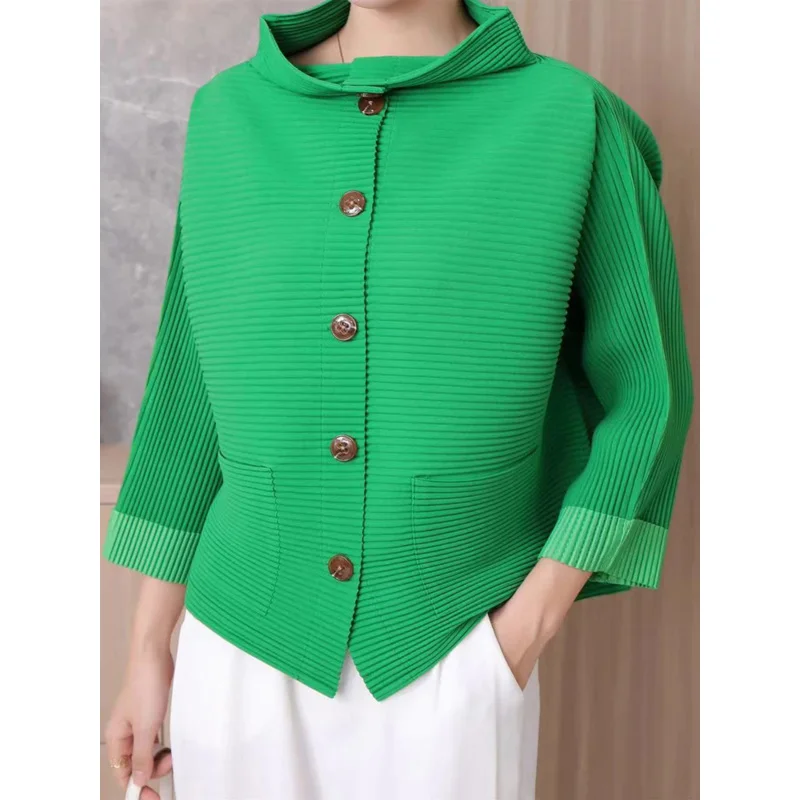 

Pleated Lapel Jackets Women Full Sleeve Color Block Single Breasted Versatile New Autumn 2023 Fashion Outwear 291658