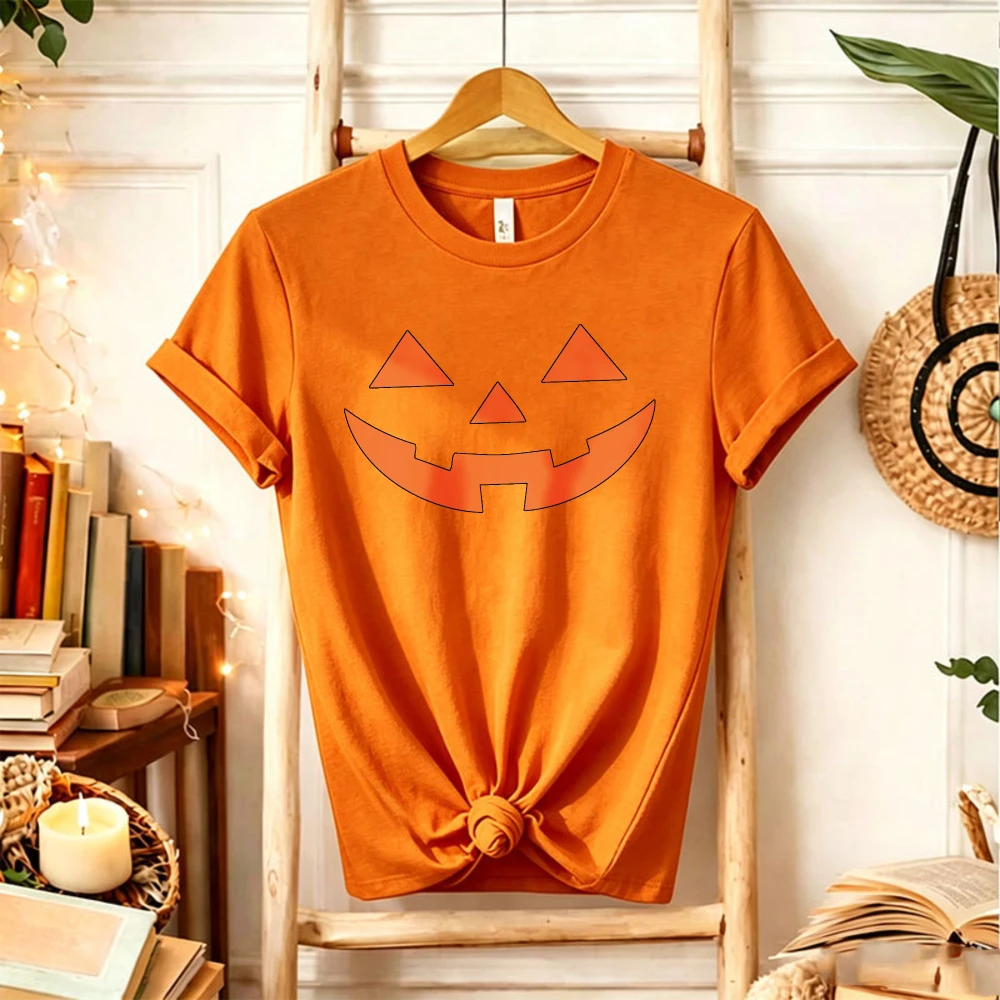 Jack O Lantern Pumpkin Face Halloween T‑Shirt Simple Orange Pumpkin Smile Face Minimalist Spooky Costume Design Autumn Party Top