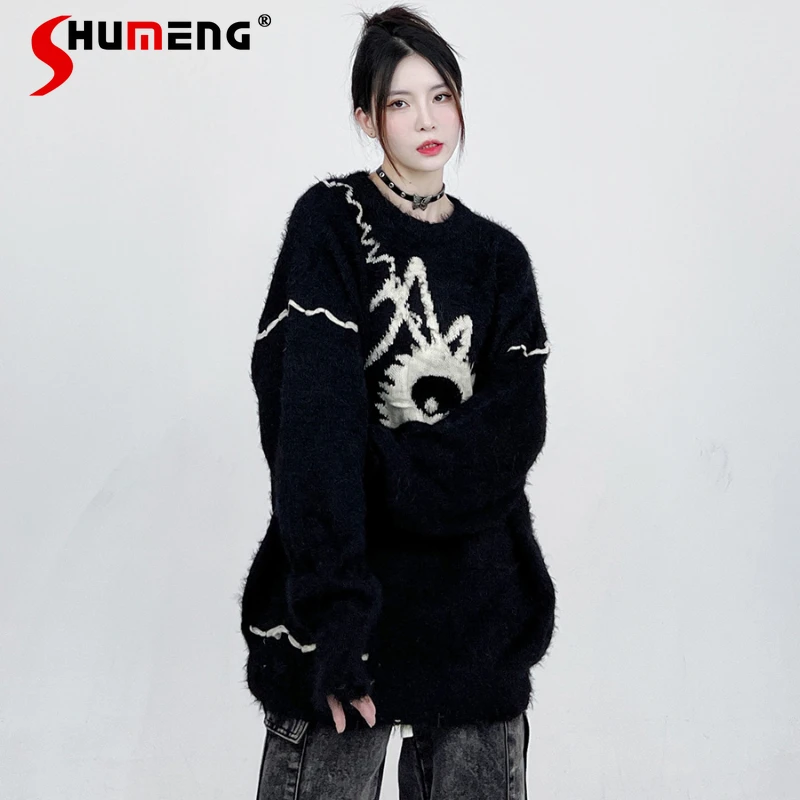 

American Fashion Retro Cartoon Round Neck Sweater For Women Couple Casual All-Match Sweet Cool Knitwear Winter New Y2k Clothes