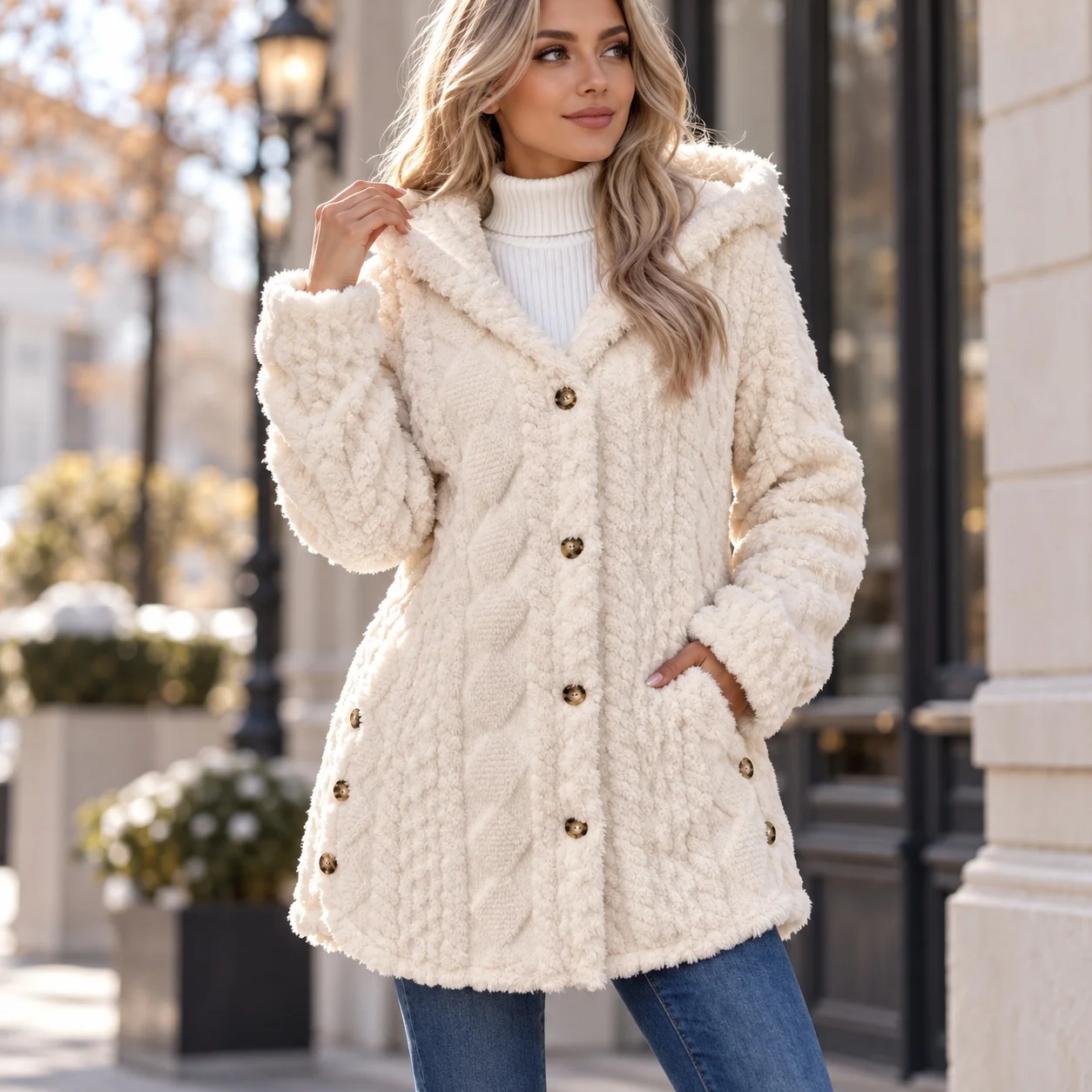 Hooded Coat Single Loose Fit Commuter Style with Winter Patchwork Regular Length Elegant Commuter Casual Thick Women Jacket