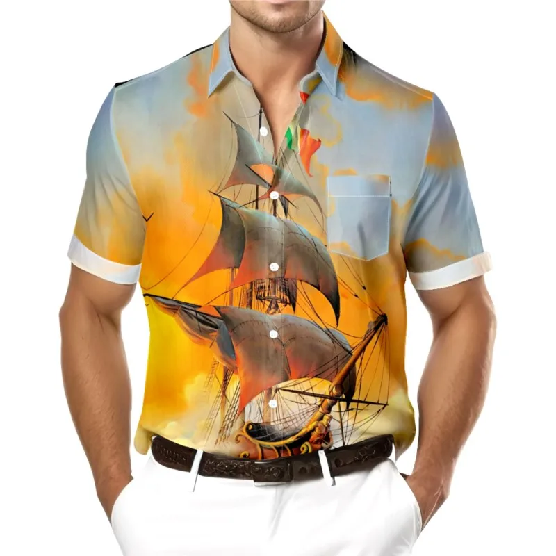 Sailboat Print Chest Pocket Polyester Hawaii Shirt Casual Daily Beach Short Sleeve Shirt Clothing Tops For Men