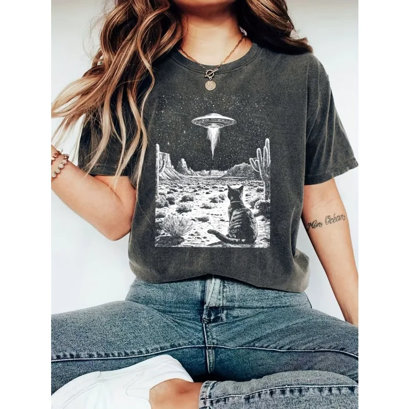 Retro UFO Cowboy Cat T-shirt | 90s Vintage Western Style, Casual, All-Season, Drawing Pattern, Slight Stretch Fabric