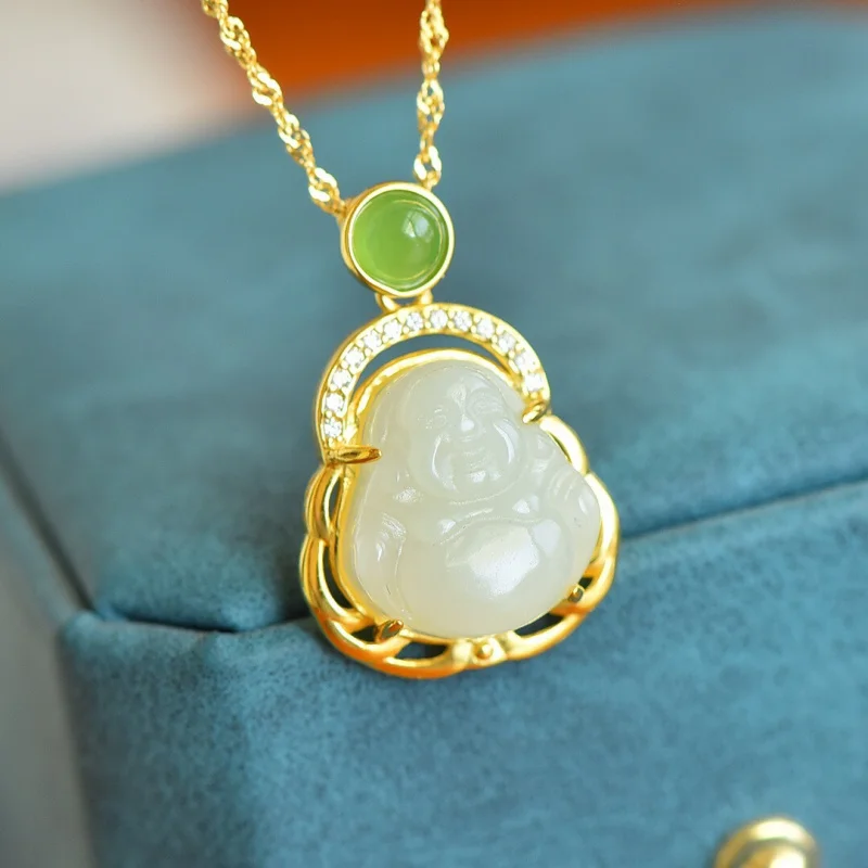 

Натуральный Hetian белый кулон Майтрейи с большим животом S925, серебро, инкрустированный смеющимся Буддой, женское ожерелье из нефрита P
