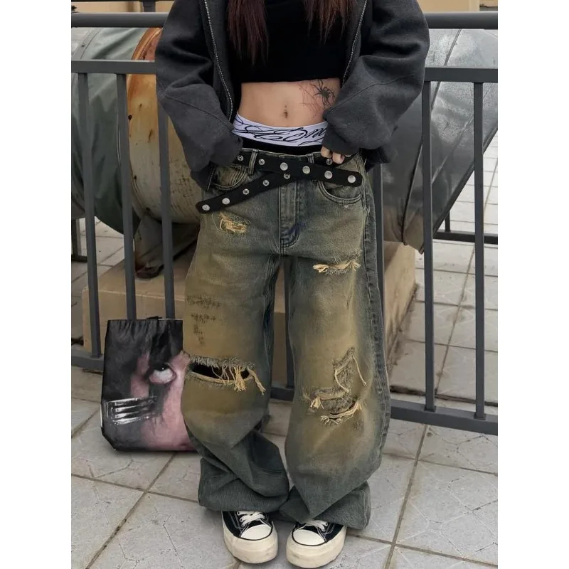 

Summer High Waist Loose Slim Straight Wide Leg Pants American High Street 2026 Vintage Stained Hole Denim Jeans Women Y2K