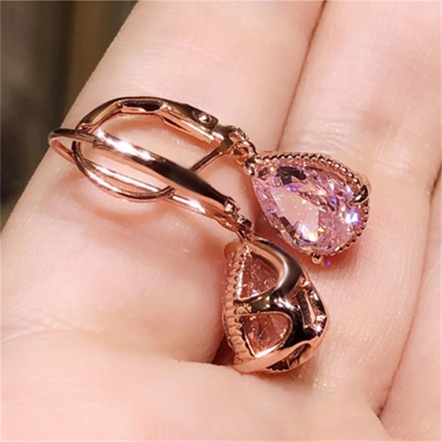 Drop Earrings For Women Pink Cubic Zirconia Water Drop Rose Gold Color Dangle Earring Bridal Wedding Temperament Jewelry CCE624