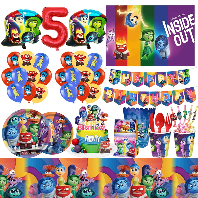 Disney Inside Out 2 Birthday Party Decoration Tableware Set Paper Cups Plates Tablecloth Backdrop Cartoon Balloons Baby Favor