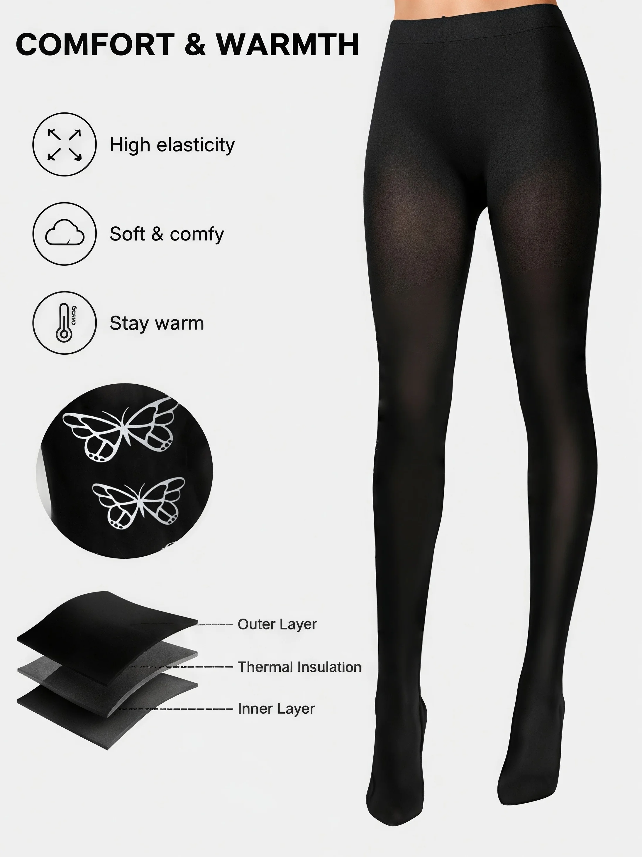 1-Pack 80G Black High Waist One-piece Crotch Tights Stretch Thermal Pantyhose for Fall Winter Street Style Daily Wear
