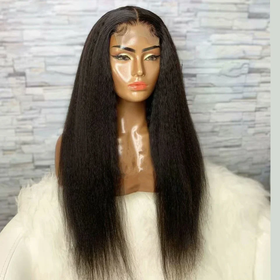 Matched All Skins 26 Inch 180Density Black Kinky Straight Lace Front Wig  Glueless Preplucked Baby Hair Heat Resistant Daily Wig