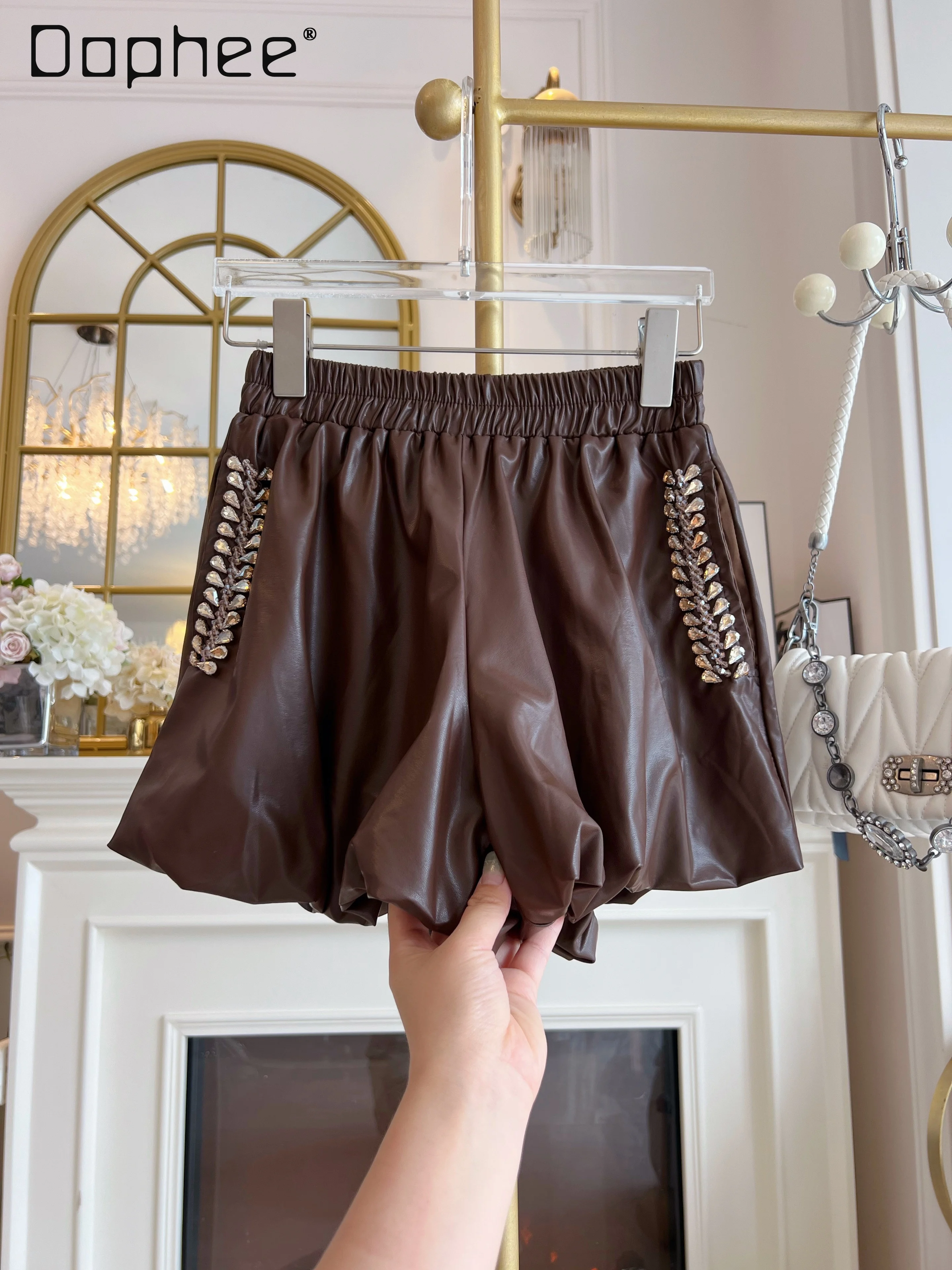 Diamond Leather Bud Shorts for Women 2024 Autumn Elastic Waist Loose Wide Leg Shorts Vintage Brown Short Pants Retro