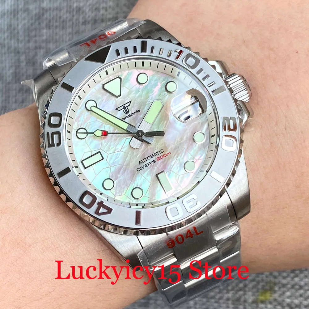 Tandorio 40MM 200m Waterproof White MOP Dial White Chapter Ring Luminous Automatic NH35A Movement Men Watch Steel Strap