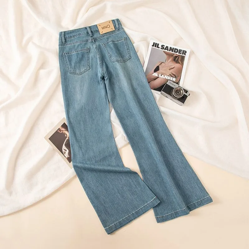 Women 2026 Summer Thin Tencel Lyocell Rivet Wide-leg Jeans Women's High Waist Loose Without Legs Micro-horn