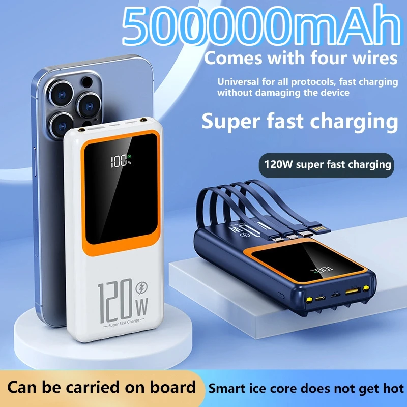 

100000mAh Power Bank External Large Battery Capacity Built-in Cable 120W Fast Charging Portable Charger for IPhone Xiaomi