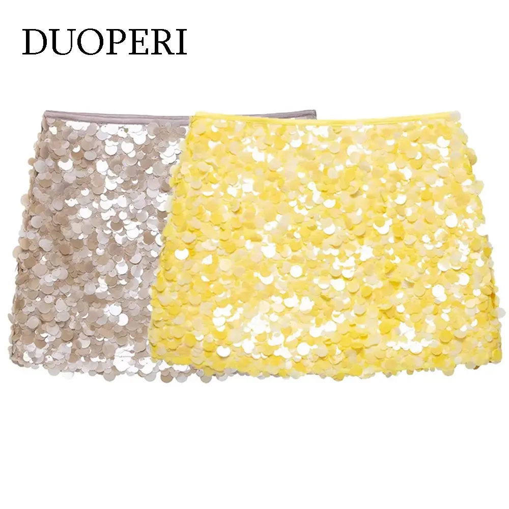 DUOPERI Women Y2K With Sequined Solid A-Line Mini Skirt Side Zipper High Waist Female Chic Lady Casual Skirts