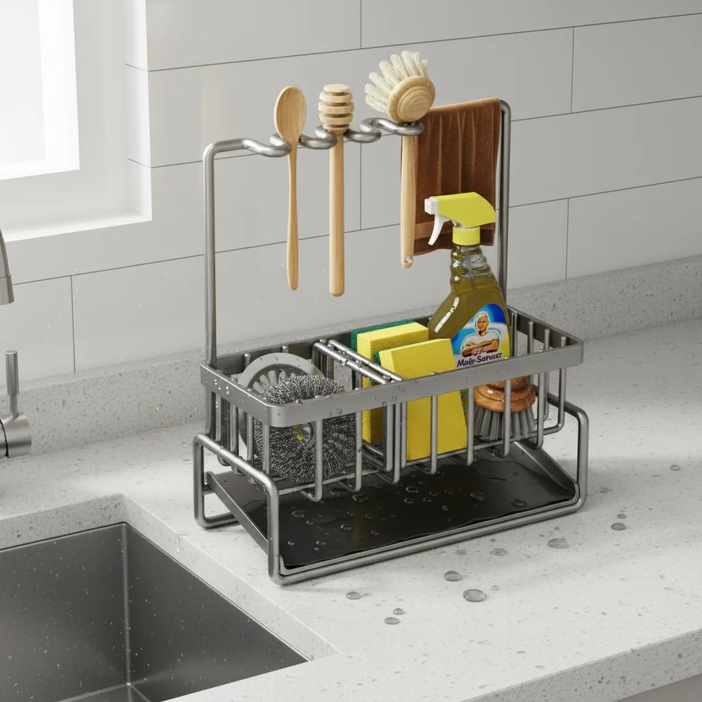 

Space Saving Kitchen Sink Dish Rack Sponge Holder Water Drain Basket Countertop Storage Organizer for Cleaning Kitchen Supplies