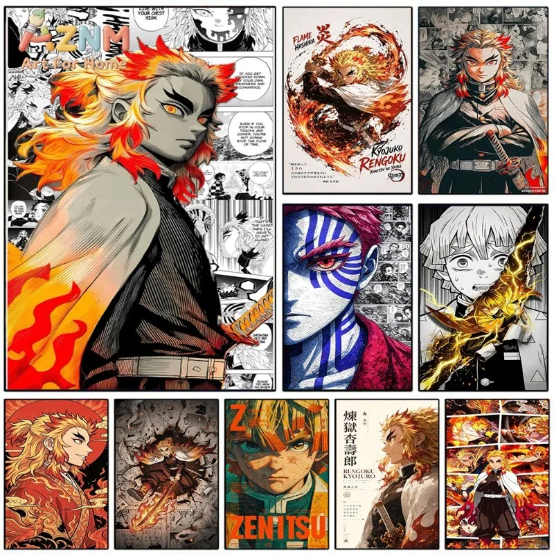 Demon Slayer Anime Canvas Wall Art Rengoku Akaza Zenitsu Flame Hashira Manga Poster Unframed Canvas Painting Home Teen Room Wall