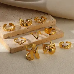 New Design Stainless Steel Irregular Rings For Women Sea Star Shell Broad Surface Bague Punk Heart Gold Color Jewelry Christmas