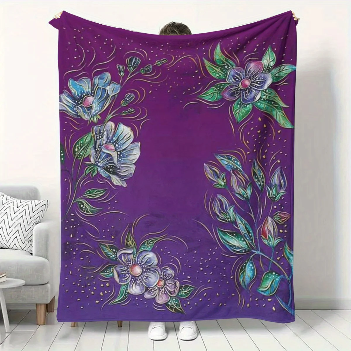 Large Purple Floral Print Throw Blanket Microfiber Cozy Sofa Couch Decor Bohemian Tapestry Fleece Winter Warm Gift