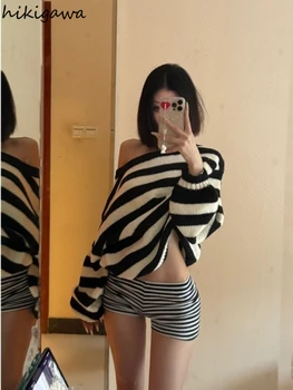 Casual Striped Women Pullovers Oversized Tops Sueter Mujer Slash Neck Sexy Jumper Chic Knitted Sweater 2025 Fall Winter Clothing 4