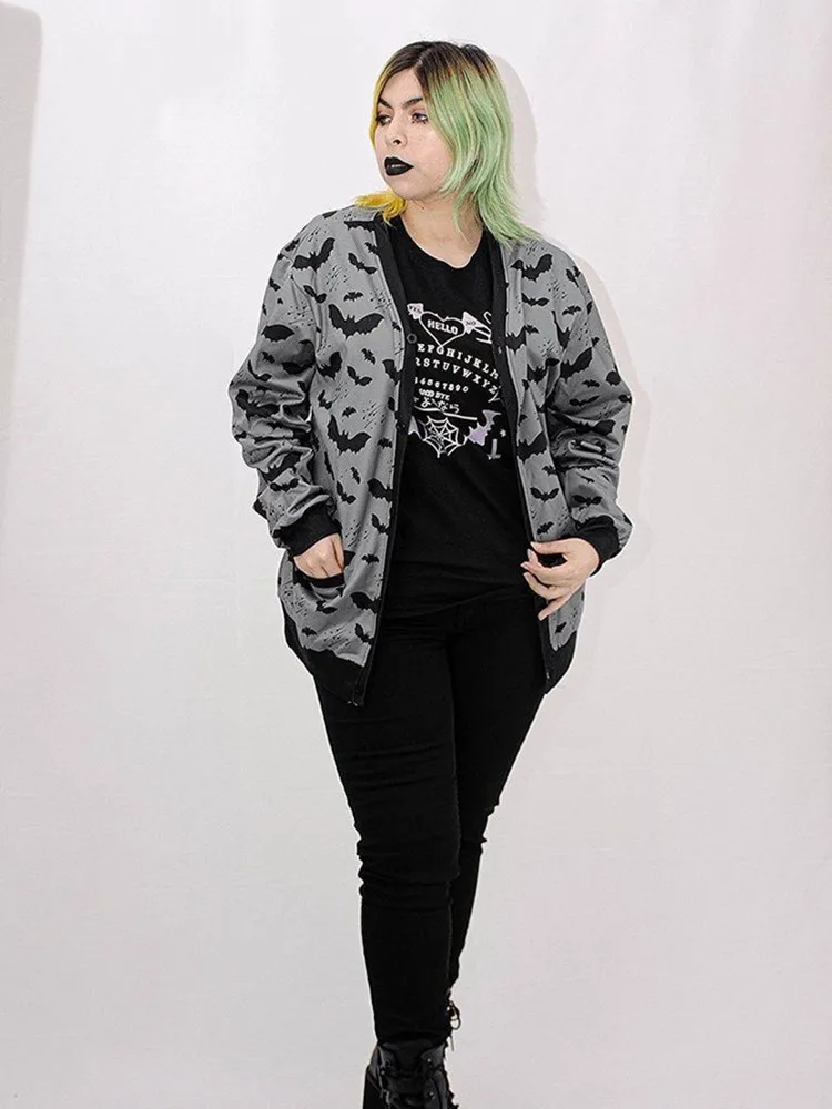 Yangelo Gothic Black Bat Print Ladies Jacket Fall 2022 Loose Casual Zip-Up Top Y2K Party Fashion Top