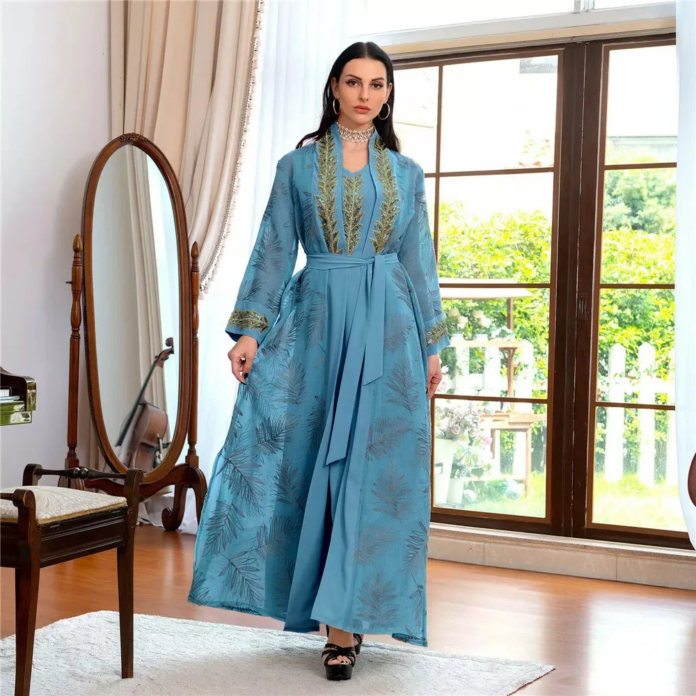 

Ad2435 Xiangyunsha Embroidered Two-piece Set: Vest, Cardigan, Long Skirt, Elegant Waist-cinching Robe Coat Islam Elegant