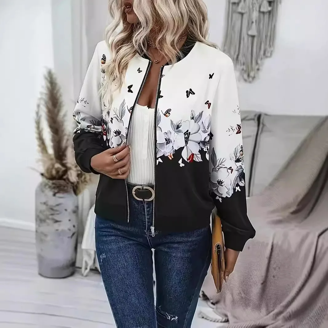 Women Floral Butterfly Print Color Block Bomber Jacket, Long Sleeve Zip Up Stand Collar Casual Lightweight Outerwear Coat