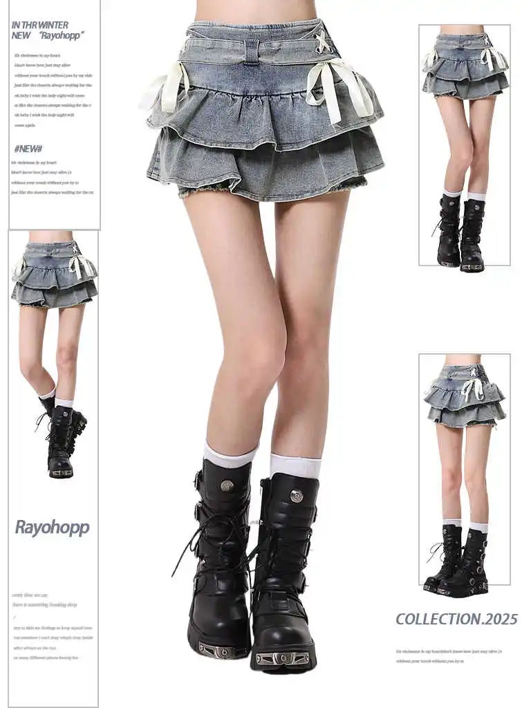 

Осень-зима 2022, женская корейская мода Gyaru 2000-х годов, эстетичная мини-джинсовая юбка с рюшами Kpop, японская Y2k College Tide Cutecore