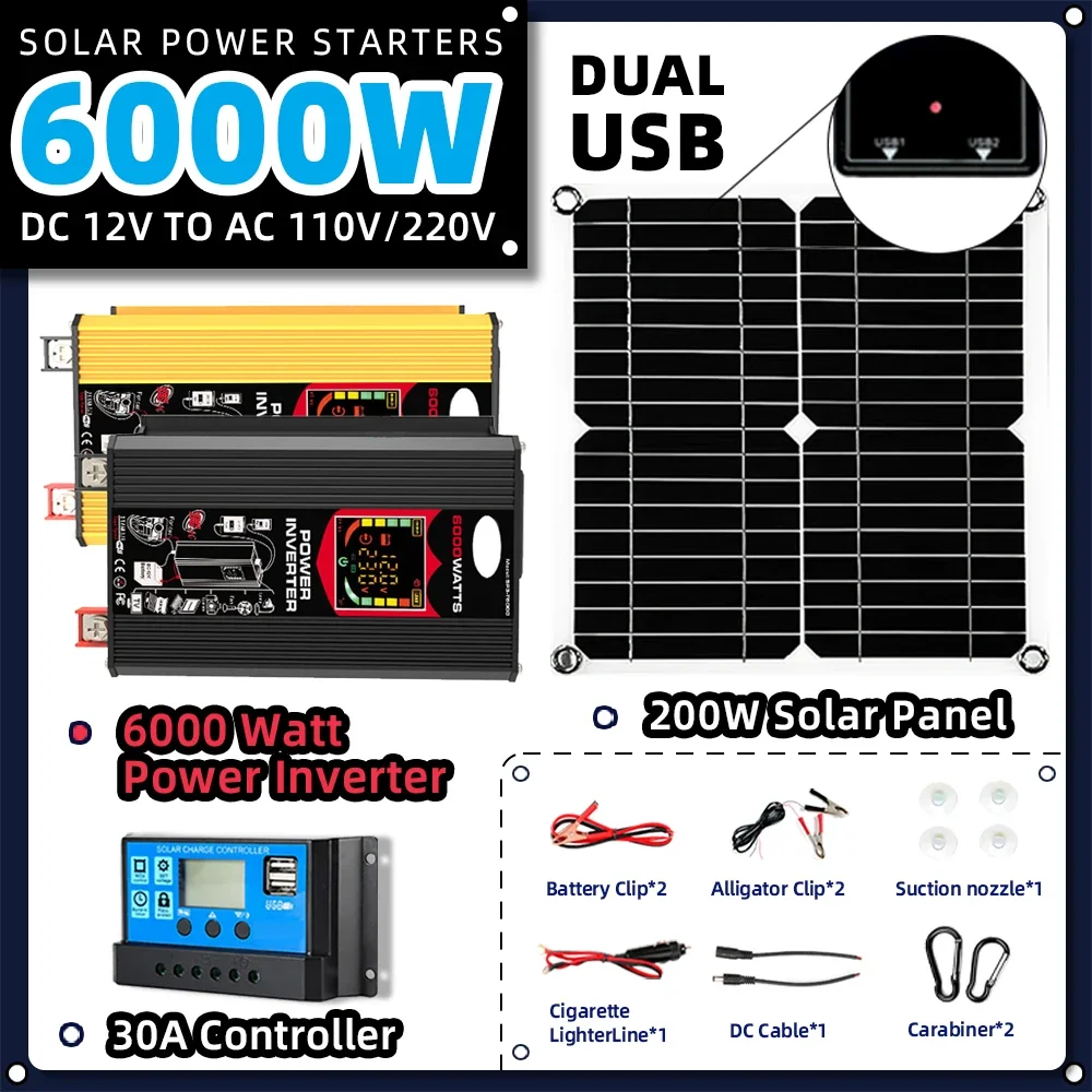 6000W Solar System Combination Inverter 30A Controller 200W Solar Panel solar panel 220v full set for house Camping For Car RV