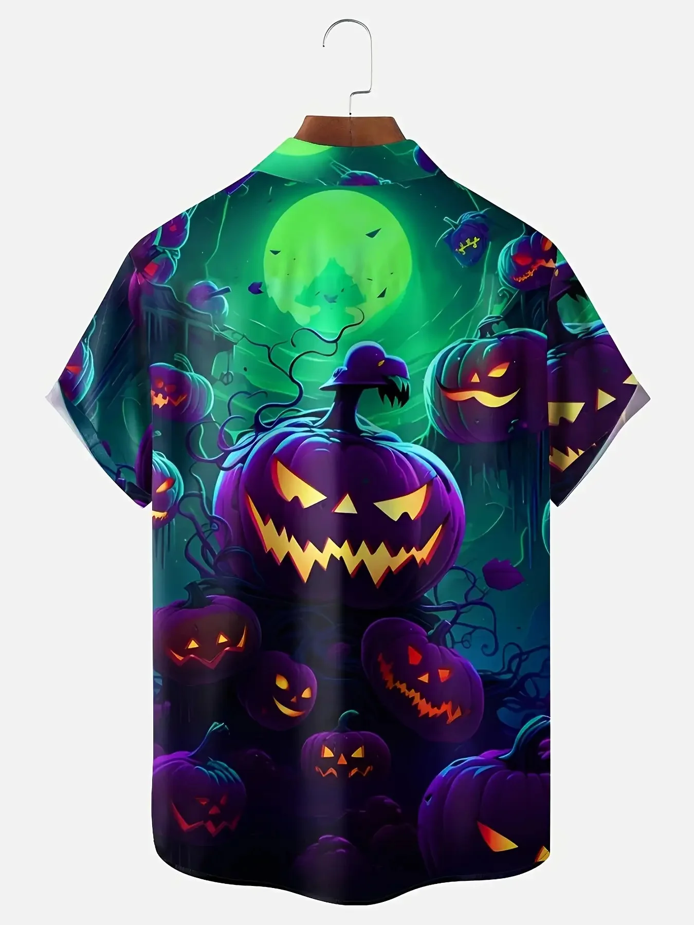 Men Halloween Neon Glow Pumpkin Print Short Sleeve Shirt Lapel Collar Gothic Party Casual Tops
