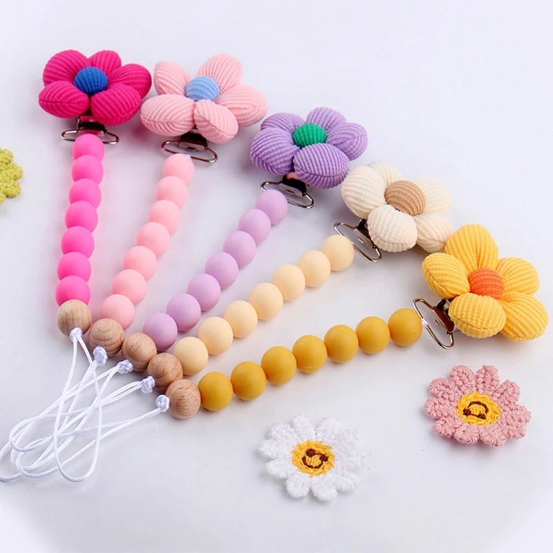 Baby Pacifier Clip Chain Beaded Flower Pacifiers Holder Strap for Newborns Gift W3JF