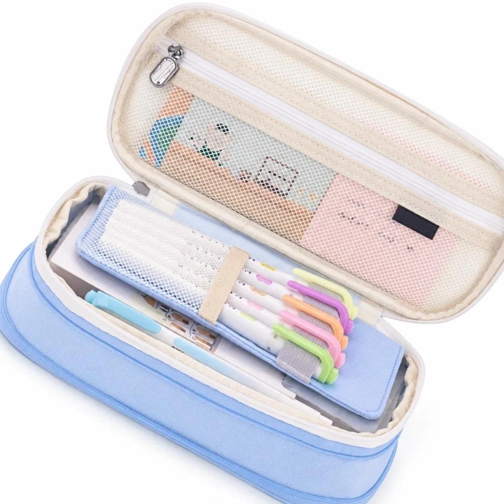Canvas Pencil Case Macaron Color Dual Window Storage Bag Split Color Large Capacity Canvas Pencil Pouch Travel Storage