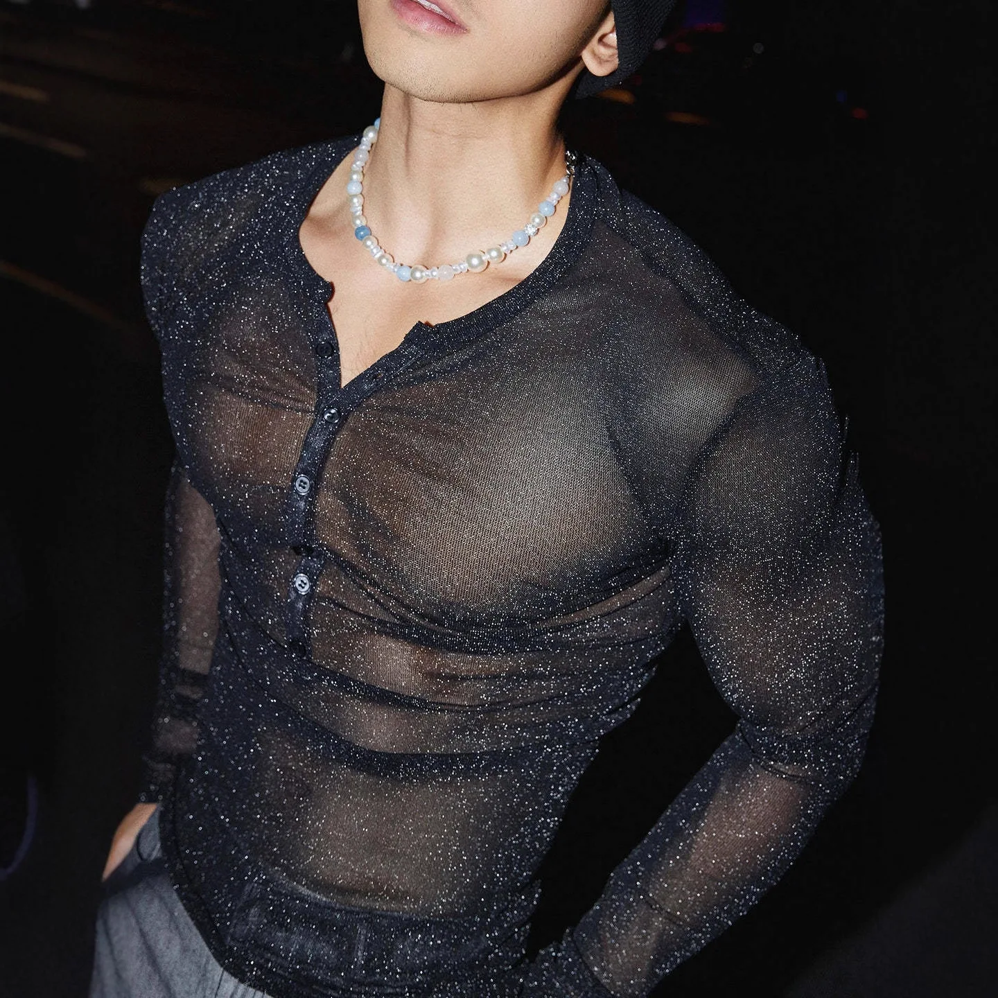 Sexy Flash Diamond Men's Micro-perspective Top Street Fashion Nightclub Style Button-up Crew Neck T-shirt