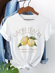 Capri Italia Print T-shirt Oversized Retro Funny Lemon T-Shirts Short Sleeve Crew Neck Casual Top For Summer Women's Clothing