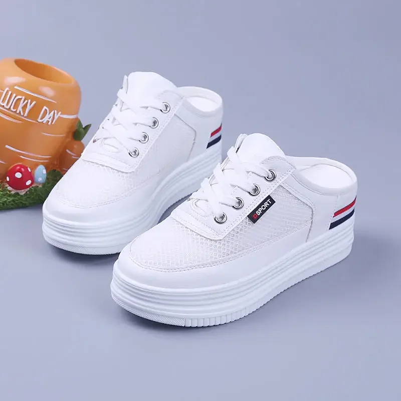 Women Half Slippers Mesh Surface Hollowed Summer Versatile Student Outdoor Breathable Sneaker Closed Toe Mesh Casual Shoes White