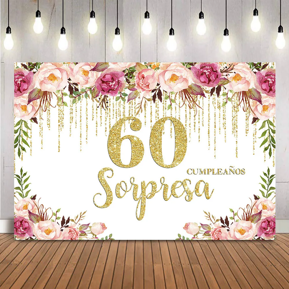 60th Surprise Birthday Backdrop Adult Theme Party Decoration Photo Background Rose Flowers Gold Glitter Birthday Photocall Decor