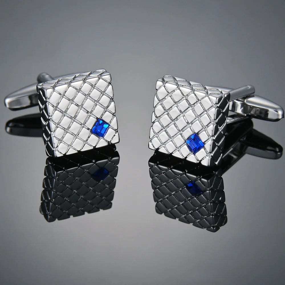 1 Pair Luxury High Quality Silvery Rhombic Square Cufflinks Classic Mens French Shirt Blue Crystal Cuff Links Button Hot Sale