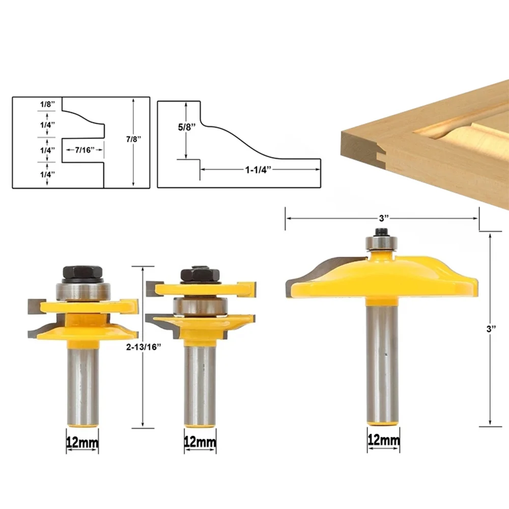 

12mm Shank 3pcs Door Panel Cabinet Tenon Router Bit Cabinet Rail & Stile Set Panel Raiser Ogee Milling Cutter for Wood