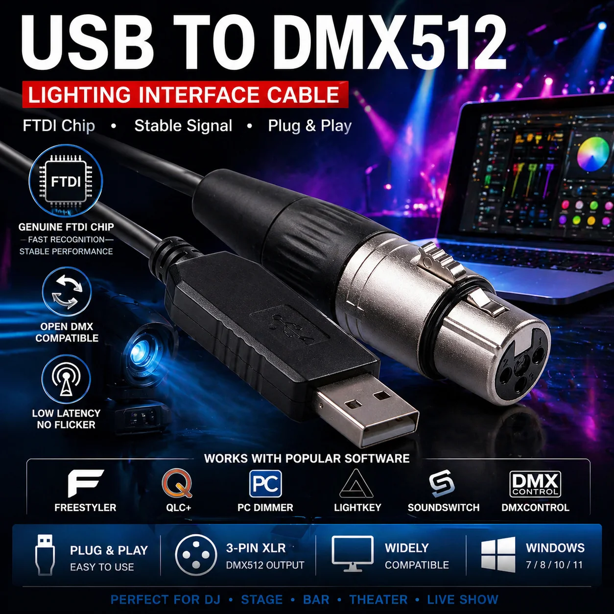 

DMX Enttec OpenDMX JMS USB2DMX FTDI RS485 XLR PC Dimmer Control Interface Cable