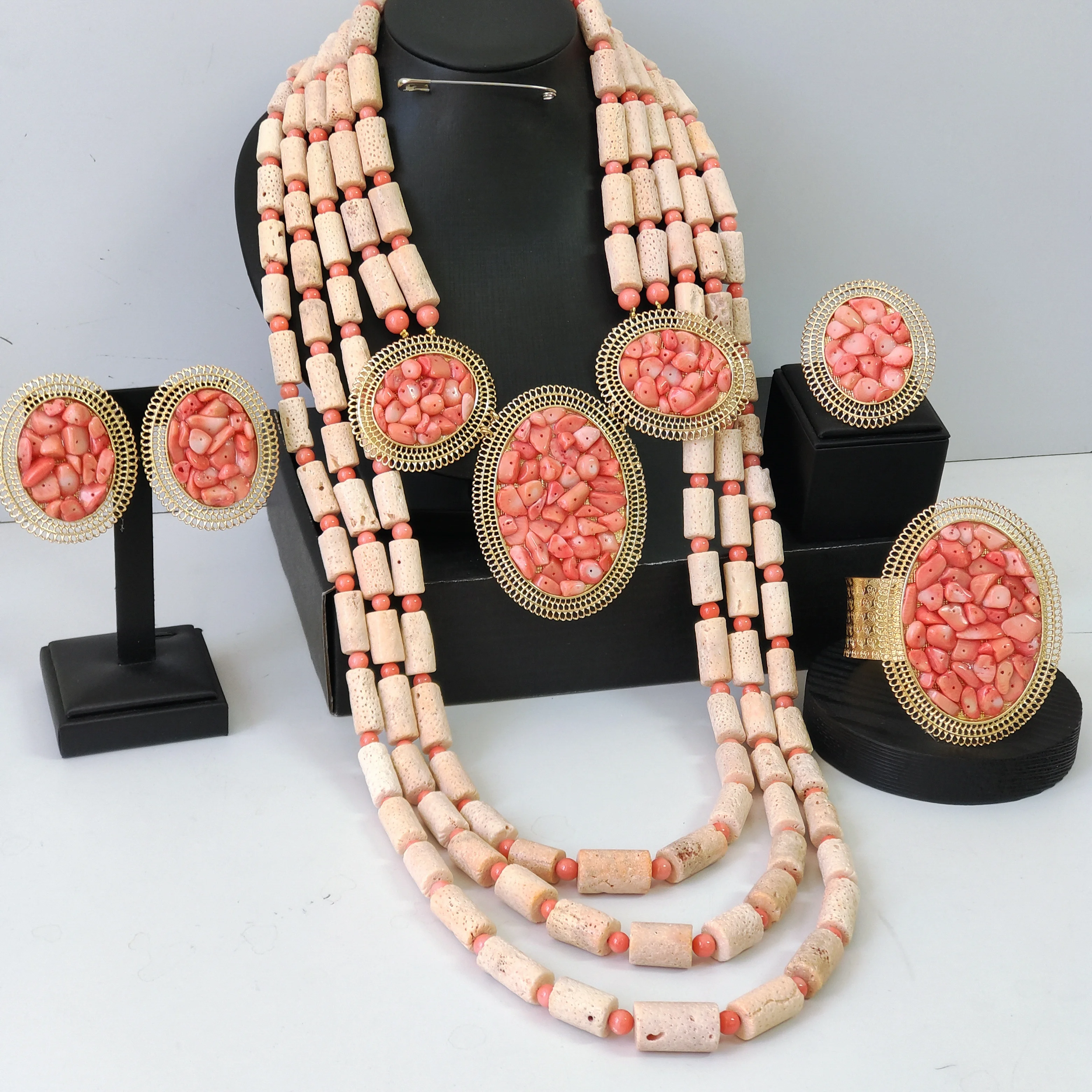 Real Nigeria Coral Bead Jewelry Set for Weddings
