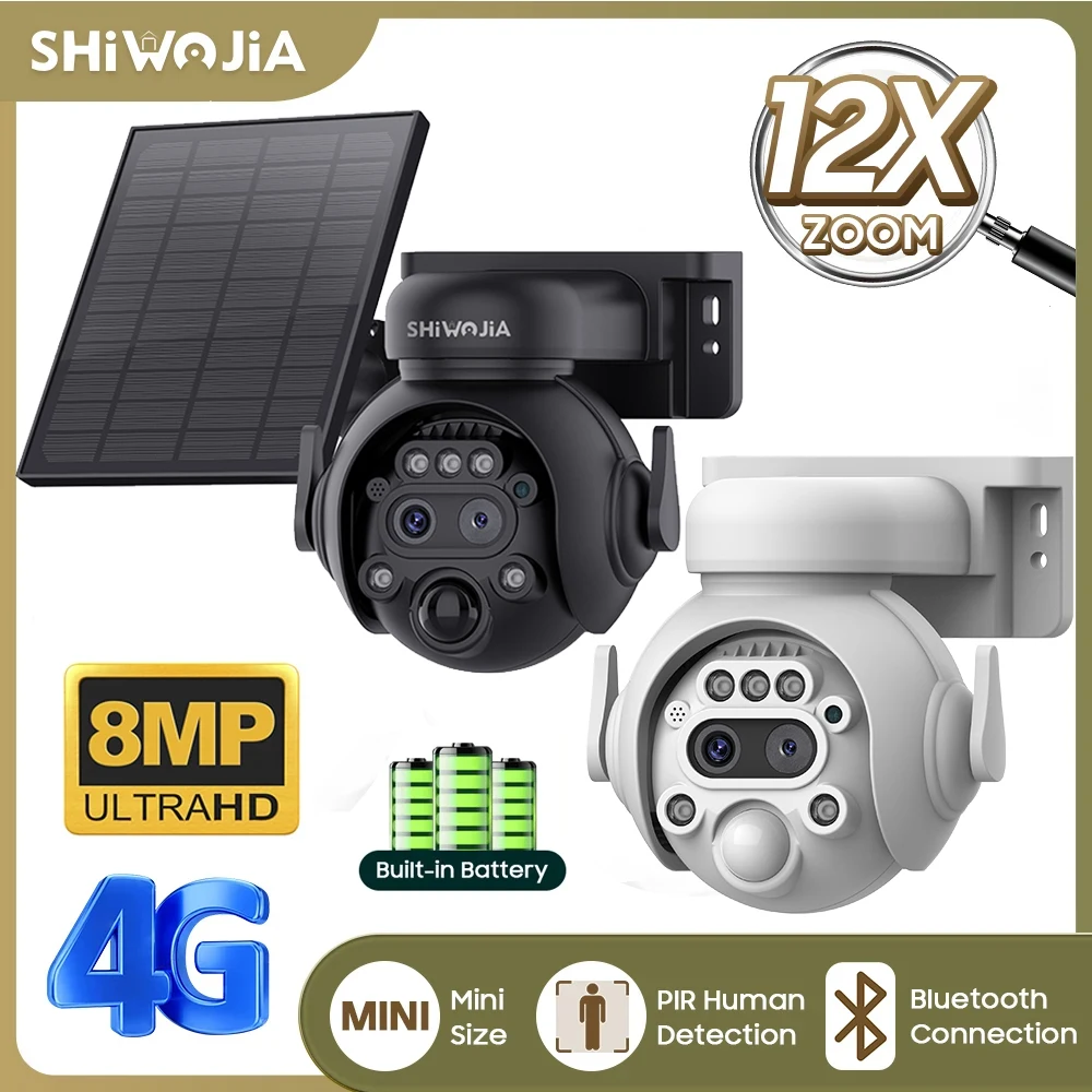 

SHIWOJIA 4K 8MP Solar Camera 4G SIM/ WIFI Solar Security Camera 12X ZOOM Color Night Vision Surveillance PIR Monitor PTZ Camera