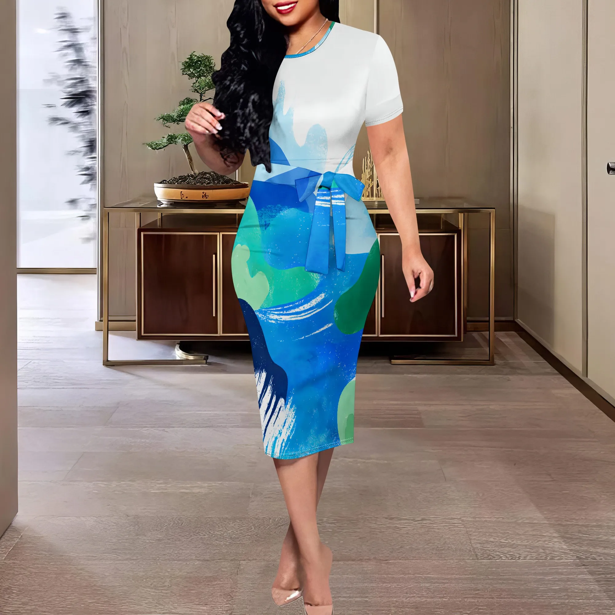 

Blue Abstract Print Bodycon Dress XS-3XL Short Sleeve Belted Midi Style for Summer Office Wear, Art Event or Elegant Street Look