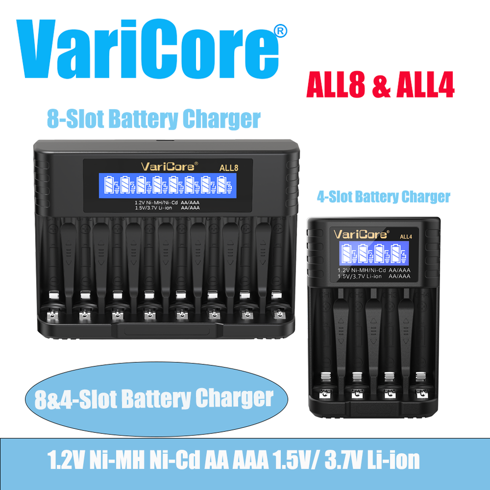  VariCore ALL8 ALL4 High-Speed Battery Charger with LCD Display for AA/AAA Suitable for Rechargeable Ni-MH 1.2V & Li-ion 1.5/3.7V 