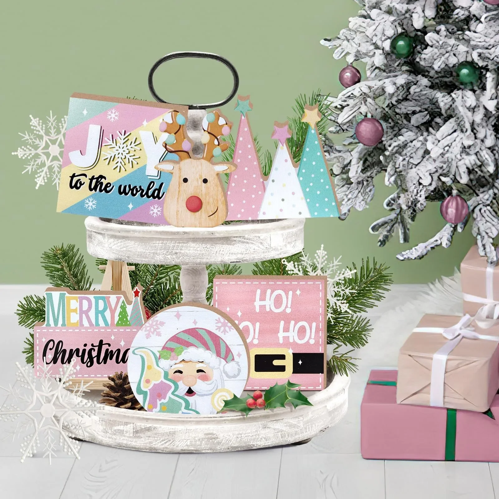 New Decoracion NavideñA 2024 Merry Christmas Layered Tray Decoration Pink Christmas Tree Santaclaus Home DecoracióN Navidad