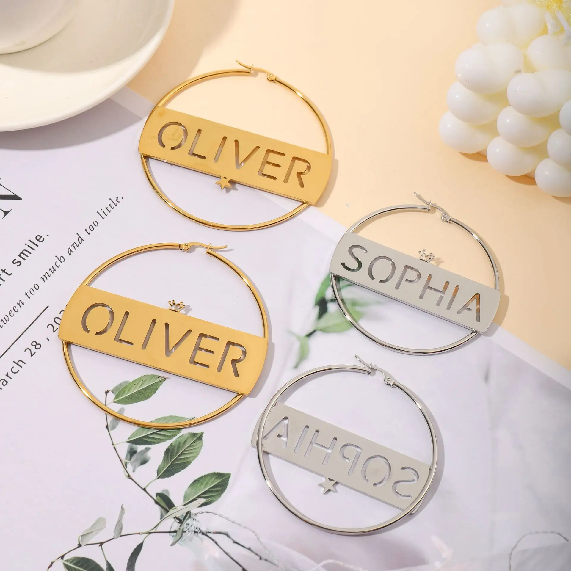 Customize Stainless steel English letter exaggerated round earrings DIY custom name earrings for women  Fashion ladies couple bi