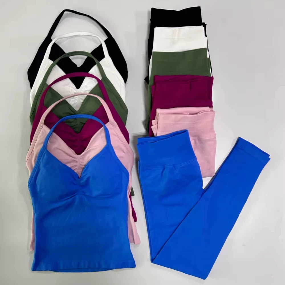 

2 Pieces Set Yoga Leggings Set Women Backless Tank Tops High Waist Scrunch Gym Suit Fitness Clothes Outfit Yoga Set