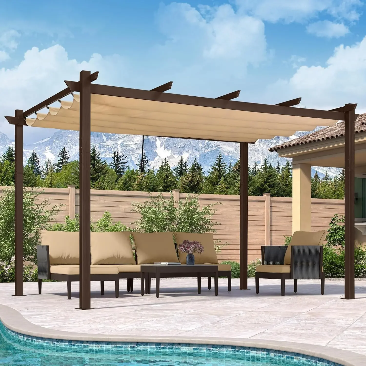 

10 x 13 FT Outdoor Retractable Pergola Aluminum with Sun Shade Canopy Patio Heavy-Duty Brown Shelter for Garden Grape Trellis