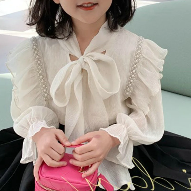 Autumn Girls Shirt Ladies Style Beaded Tie Bow Tops Pressurized Wrinkle Stitching Flared Sleeve Spring Girls Fashion Kids Outfit